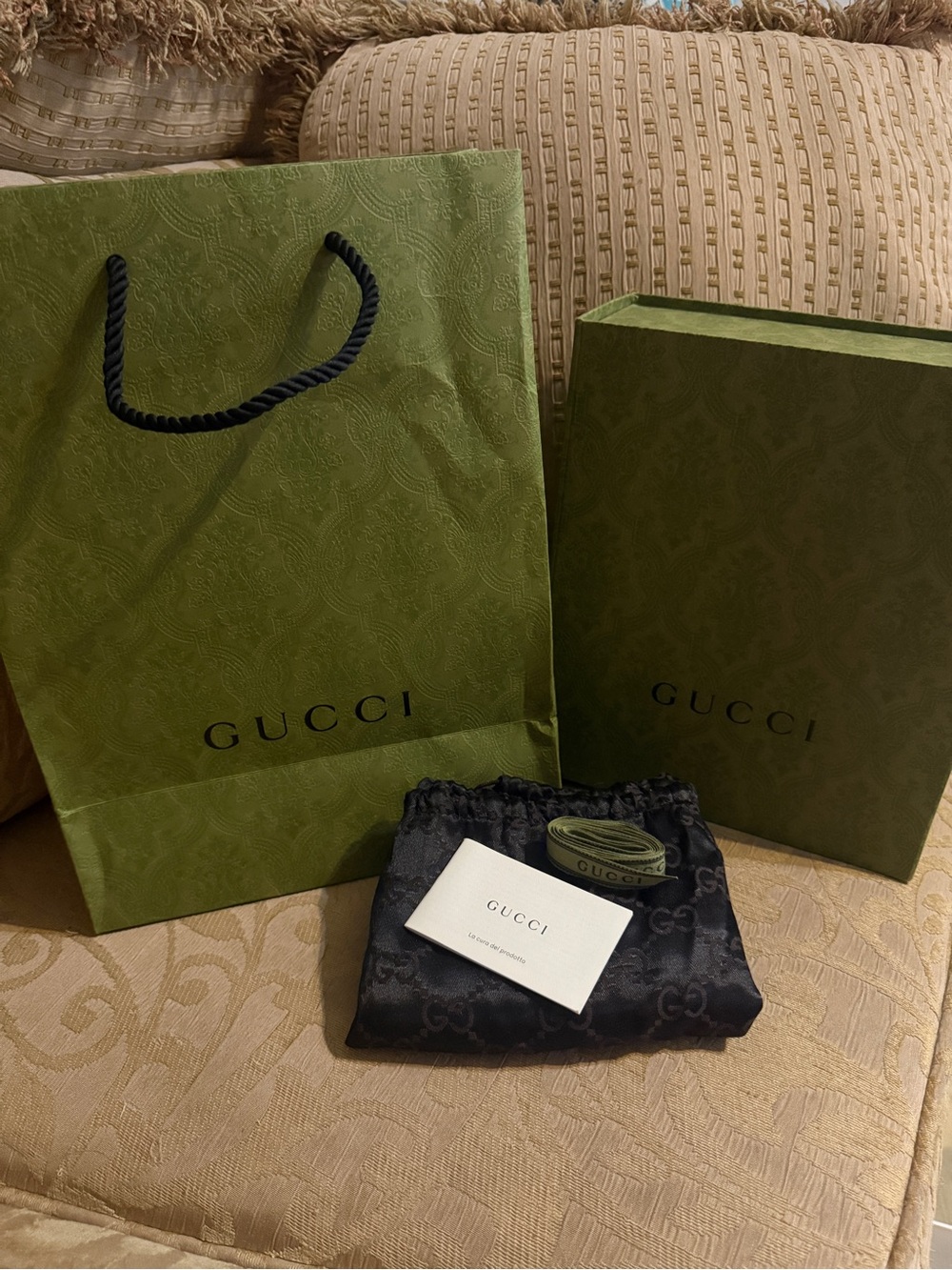 Gucci Box, Dust bag, Gucci gift bag and ribbon lot